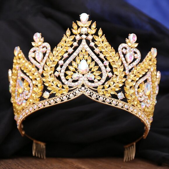 Handmade Accessories - Queen of Spades, Gold Spade Crown, Champagne Crystal Crown, Prom Crown, XL Size